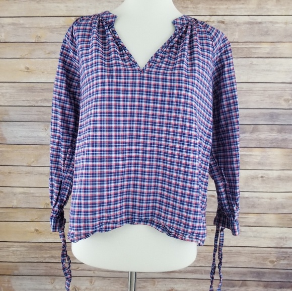 Madewell Tops - Madewell Plaid Crop V Neck 3/4 Sleeve Blouse